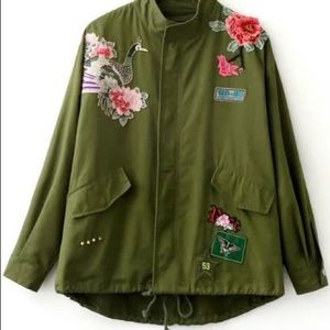 Army Green Embroidery Drawstring coat with Zipper
